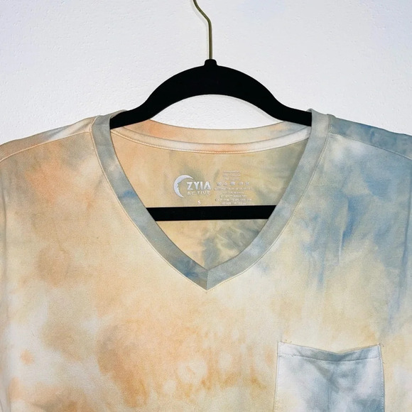 ZYIA Hendrix Dusk Go To Pocket Blue & Orange Tie-dye V-neck Tee Small Women’s - Picture 3 of 11